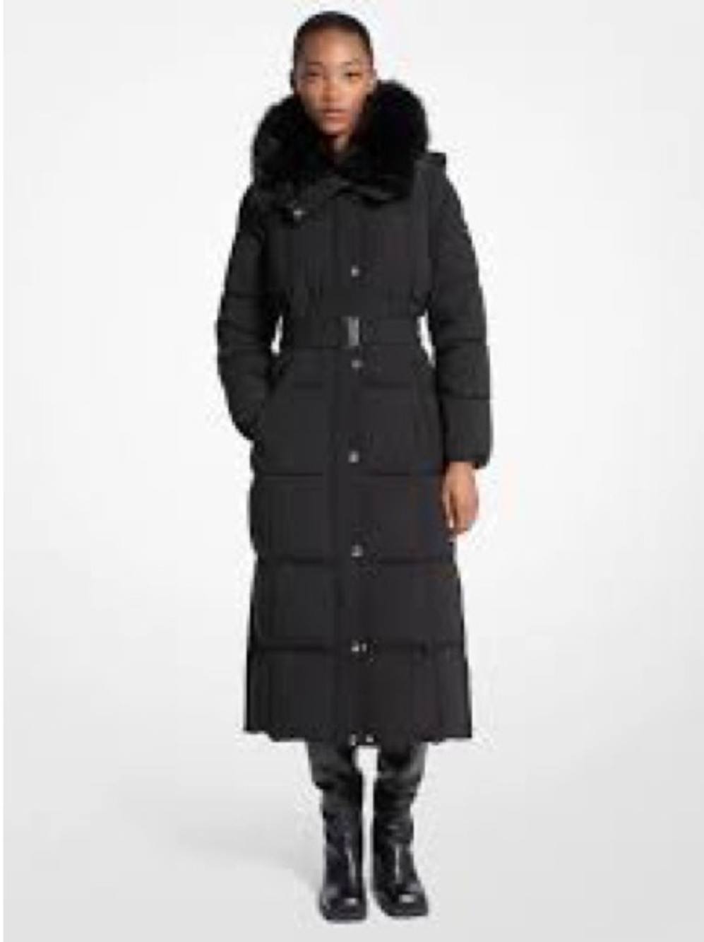 Zara Black Long Quilted Puffer Coat with Faux-Fur Collar